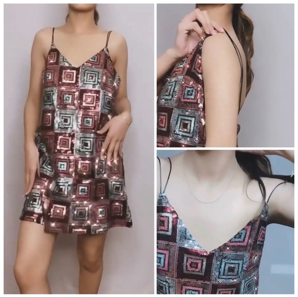 ZARA Blogger Favorite Geometric Print Sequin Mini Slip Dress Medium NEW Party - Picture 6 of 15